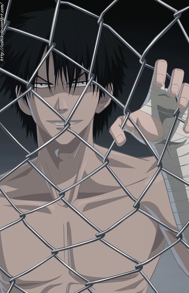 Anime picture 1000x1549 with beelzebub studio pierrot oga tatsumi ioshik single tall image short hair black hair smile black eyes grey background grin coloring muscle boy bandage (bandages) fence