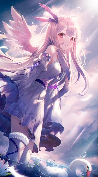 Anime picture 2000x3600 with original okazu (eightstudio) single long hair tall image looking at viewer blush highres breasts standing pink hair sky cloud (clouds) ahoge outdoors long sleeves parted lips pink eyes sunlight wide sleeves
