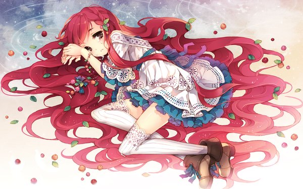 Anime picture 1920x1200 with original vocaloid tearfish single looking at viewer highres open mouth brown hair wide image full body red hair very long hair on side crying sad girl thighhighs dress hair ornament flower (flowers)
