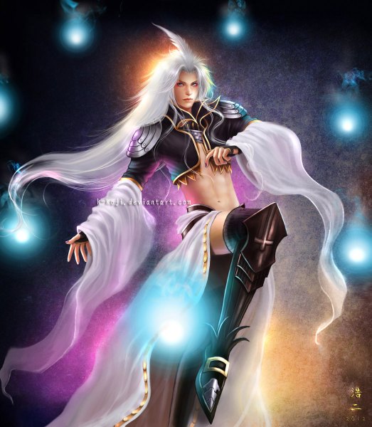 Anime picture 1045x1200 with final fantasy final fantasy ix dissidia final fantasy square enix kuja k-koji single long hair tall image blue eyes signed white hair nail polish magic glow boy navel armor