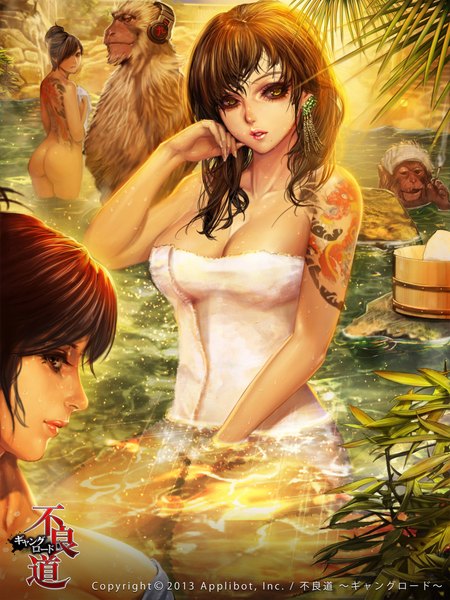 Anime picture 1600x2133 with furyou michi ~gang road~ original xaxak long hair tall image looking at viewer short hair breasts light erotic black hair brown hair standing bare shoulders brown eyes yellow eyes ass profile from behind tattoo naked towel