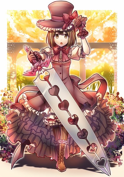 Anime picture 700x1000 with original suou sakura single tall image looking at viewer short hair open mouth brown hair brown eyes lacing girl dress gloves flower (flowers) weapon hat black gloves boots huge weapon cross-laced footwear