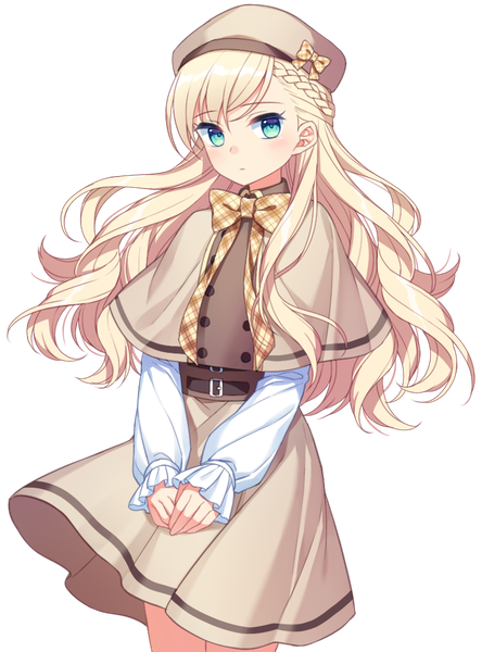 Anime picture 800x1079 with original jenevan single long hair tall image looking at viewer blush fringe blonde hair standing green eyes looking away braid (braids) floating hair transparent background half updo hands clasped girl dress bowtie