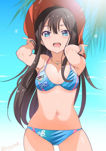 Anime picture 724x1024 with idolmaster idolmaster cinderella girls new balance shibuya rin inoue sora single long hair tall image looking at viewer blush fringe open mouth blue eyes light erotic black hair bare shoulders signed sky sunlight bare belly