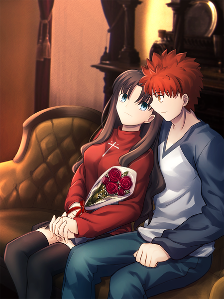 Anime picture 1000x1334 with fate (series) fate/stay night toosaka rin emiya shirou migiha long hair tall image fringe short hair breasts blue eyes smile hair between eyes brown hair sitting twintails holding yellow eyes bent knee (knees) red hair