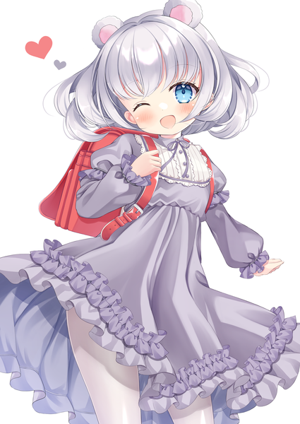 Anime picture 2508x3541 with original hajime yo single tall image looking at viewer blush highres short hair open mouth blue eyes simple background white background animal ears silver hair head tilt one eye closed wink loli frilled dress ;d