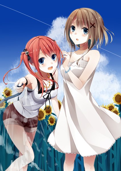 Anime picture 1000x1412 with original ren (hissorito.) long hair tall image looking at viewer blush short hair open mouth blue eyes brown hair twintails bare shoulders multiple girls red hair girl dress hair ornament flower (flowers) 2 girls water