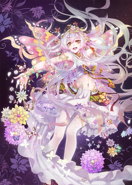Anime picture 1000x1400 with original wait (artist) single tall image looking at viewer open mouth yellow eyes white hair very long hair insect wings butterfly wings girl dress navel hair ornament flower (flowers) petals wings insect butterfly