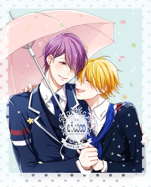 Anime picture 684x847 with lucky dog giulio di bondone gian carlo komichi96 tall image blush fringe short hair open mouth blonde hair smile purple eyes purple hair eyes closed one eye closed hair over one eye multiple boys dated happy framed