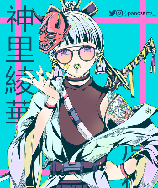 Anime picture 1260x1500 with genshin impact kamisato ayaka panos (ssgpanos) single tall image looking at viewer fringe signed silver hair upper body blunt bangs nail polish open clothes tattoo alternate costume copyright name character names hand on hip twitter username mask on head