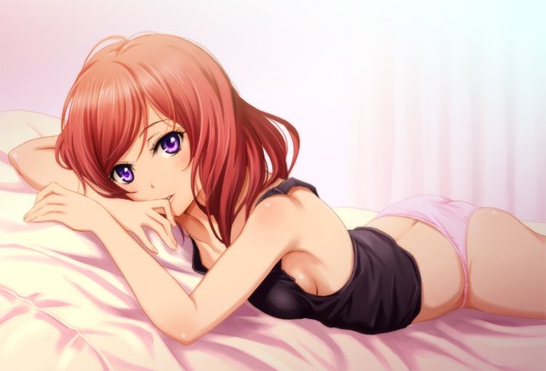 Anime picture 800x545 with love live! school idol project sunrise (studio) love live! nishikino maki shian (my lonly life.) single looking at viewer blush fringe short hair breasts light erotic purple eyes ass red hair indoors lying parted lips no bra sideboob