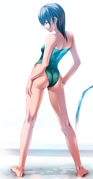 Anime picture 765x1459 with original rezi single tall image short hair light erotic black hair simple background white background brown eyes from behind girl swimsuit