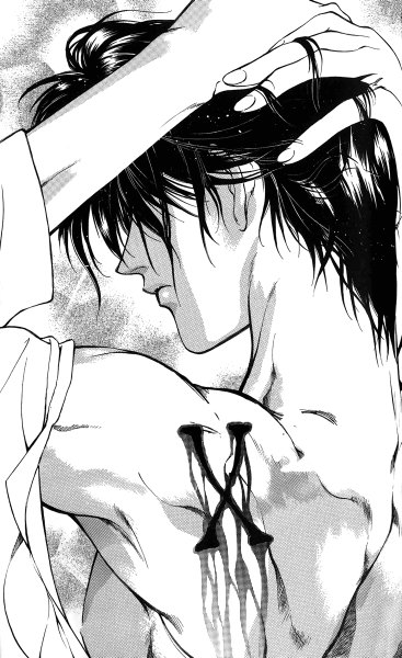 Anime picture 734x1200 with yami no matsuei j.c. staff asato tsuzuki single tall image fringe short hair black hair profile nude from behind scan hair over one eye tattoo back monochrome undressing arms behind head hair over eyes boy