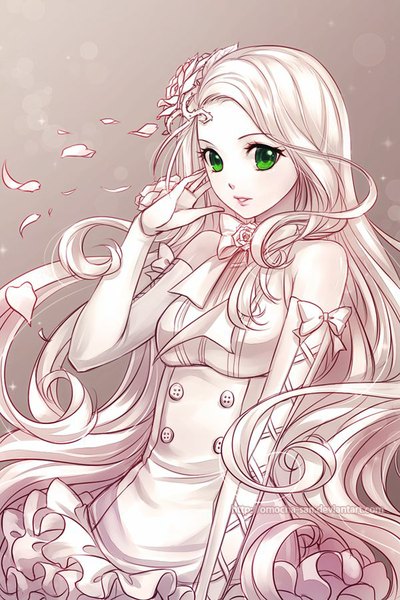 Anime picture 600x900 with zenithomocha single long hair tall image looking at viewer breasts simple background blonde hair green eyes parted lips hair flower lips girl dress hair ornament flower (flowers) bow detached sleeves petals pink dress