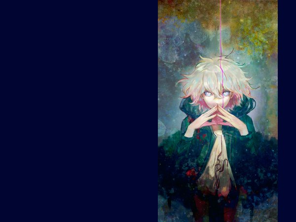 Anime picture 1852x1389 with dangan ronpa komaeda nagito single looking at viewer highres blue eyes silver hair grey hair blue background framed space boy jacket hood hands fireflies