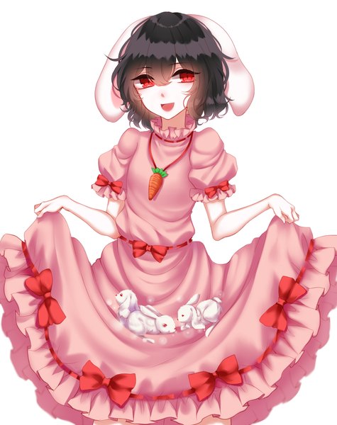 Anime picture 1900x2400 with touhou inaba tewi sheya single tall image looking at viewer fringe highres short hair open mouth black hair simple background smile hair between eyes white background animal ears short sleeves bunny ears puffy sleeves dress pull