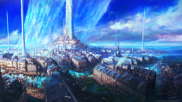 Anime picture 2000x1125 with final fantasy final fantasy xvi square enix takahashi kazuya highres wide image signed sky cloud (clouds) official art city cityscape no people river building (buildings)