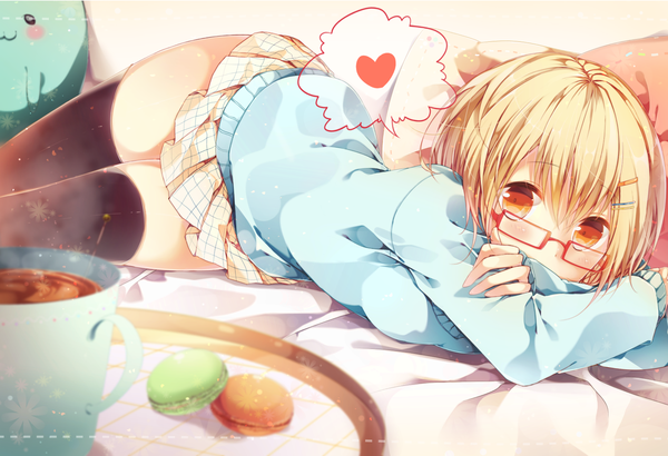 Anime picture 1637x1120 with original moe2013 komeshiro kasu single long hair looking at viewer blush short hair blonde hair lying pleated skirt orange eyes girl thighhighs skirt hair ornament black thighhighs glasses food pillow