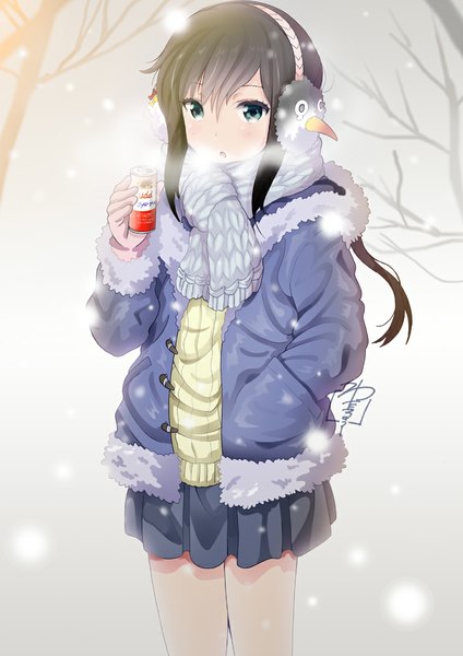 Anime-Bild 729x1032 mit kantai collection fubuki destroyer failure penguin (kantai collection) yamasaki wataru single long hair tall image looking at viewer blue eyes brown hair pleated skirt snowing winter exhalation hand in pocket steam bare tree girl skirt plant (plants)