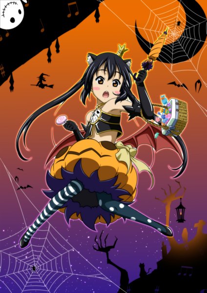 Anime picture 1443x2040 with k-on! kyoto animation nakano azusa oku no shi single long hair tall image blush open mouth black hair twintails brown eyes animal ears cat ears loli halloween closed umbrella girl gloves elbow gloves
