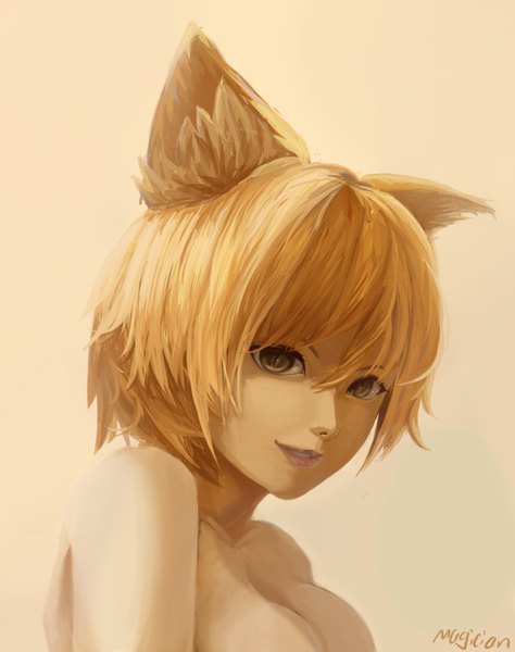 Anime picture 1264x1600 with touhou yakumo ran magician (china) single tall image fringe short hair breasts light erotic blonde hair smile green eyes signed animal ears fox ears topless yellow background shirtless girl