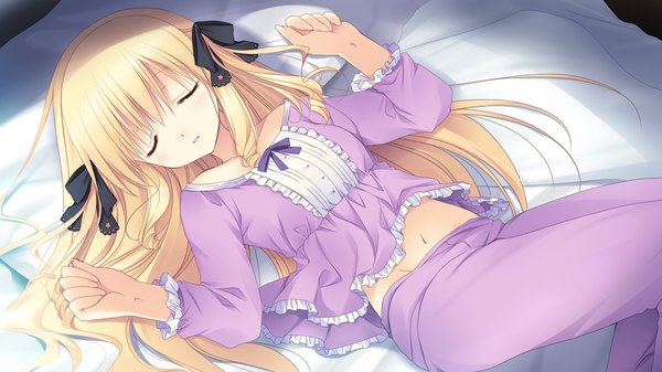 Anime picture 1280x720 with yumeiro alouette! long hair blonde hair wide image game cg lying eyes closed sleeping girl navel bow hair bow pajamas