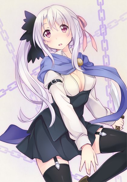 Anime picture 1306x1868 with machine-doll wa kizutsukanai frey (machine-doll) furumiya haiji single long hair tall image looking at viewer blush purple eyes white hair ponytail side ponytail girl thighhighs dress black thighhighs chain