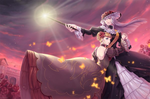 Anime picture 1200x798 with umineko no naku koro ni beatrice virgilia kakanori long hair fringe blonde hair multiple girls silver hair blunt bangs outstretched arm holding hands girl dress flower (flowers) 2 girls hat bowtie rose (roses) red rose