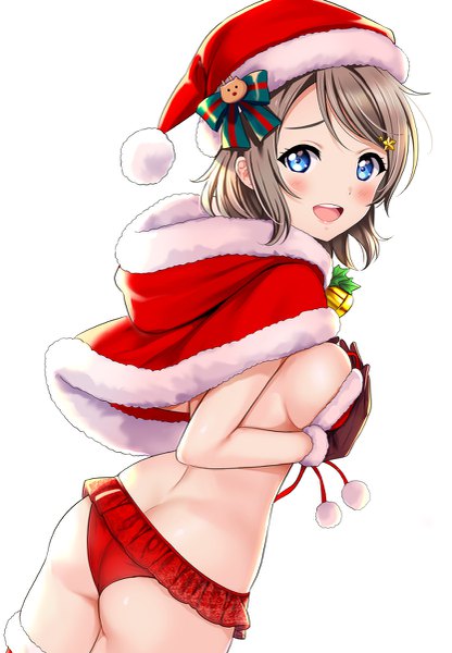 Anime picture 833x1200 with love live! sunshine!! sunrise (studio) love live! watanabe you rozen5 single tall image looking at viewer blush fringe short hair breasts open mouth blue eyes light erotic simple background smile standing white background ass