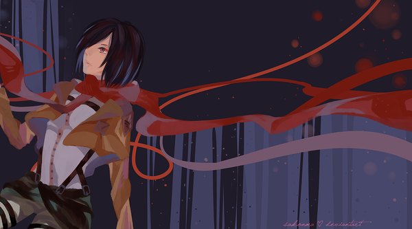 Anime picture 1200x667 with shingeki no kyojin production i.g mikasa ackerman shinkami single fringe short hair black hair wide image brown eyes hair over one eye open clothes open jacket dark background girl uniform jacket scarf cape red scarf