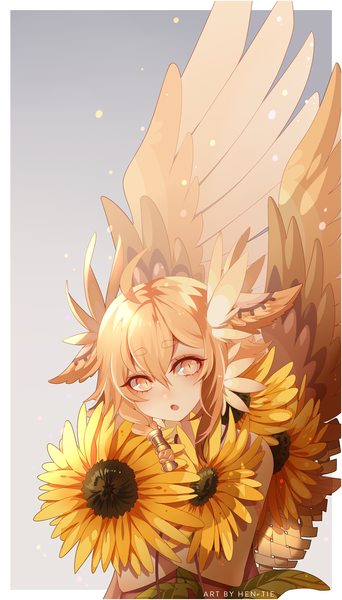 Anime-Bild 857x1500 mit original hen-tie (hen) single long hair tall image fringe open mouth blonde hair hair between eyes holding signed animal ears yellow eyes ahoge head tilt gradient background border crossed arms eyebrows slit pupils