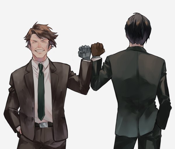 Anime picture 4256x3625 with psycho-pass production i.g nobuchika ginoza tomomi masaoka yokuni (yokunill001121) highres short hair black hair simple background brown hair white background absurdres ponytail eyes closed from behind multiple boys ^ ^ hand in pocket formal mechanical arms