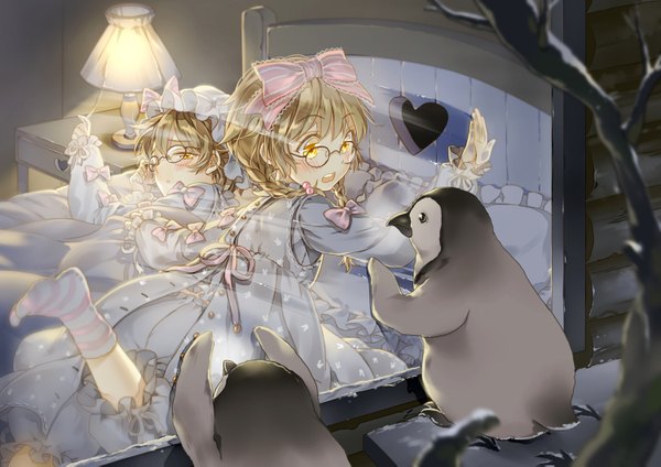 Anime picture 1500x1061 with original hoshii hisa long hair blush blonde hair multiple girls yellow eyes indoors lying braid (braids) on back no shoes twin braids winter snow on stomach twins surprised footprints sleepy