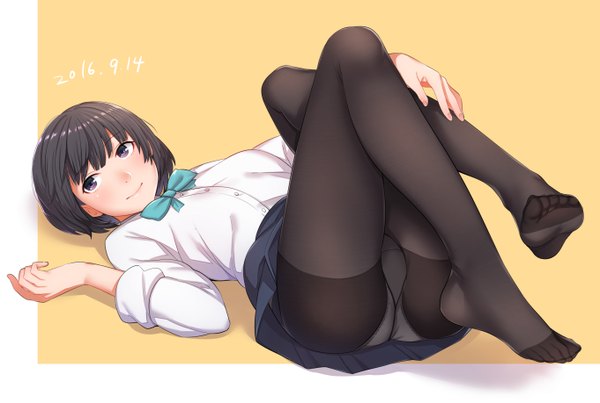 Anime picture 1362x917 with original kyuuso inukami single blush short hair light erotic black hair looking away black eyes pantyshot legs girl skirt uniform underwear panties school uniform miniskirt pantyhose black pantyhose