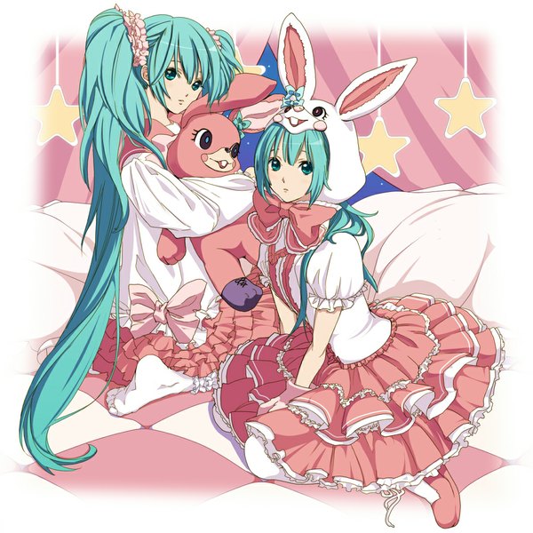 Anime picture 1000x1000 with vocaloid lol -lots of laugh- (vocaloid) hatsune miku eto twintails multiple girls very long hair aqua eyes aqua hair bunny ears dual persona girl dress bow 2 girls star (symbol) toy stuffed animal