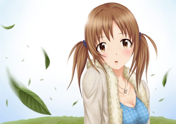 Anime picture 3035x2149 with idolmaster idolmaster cinderella girls totoki airi go shotan long hair looking at viewer blush highres brown hair twintails brown eyes absurdres girl leaf (leaves)