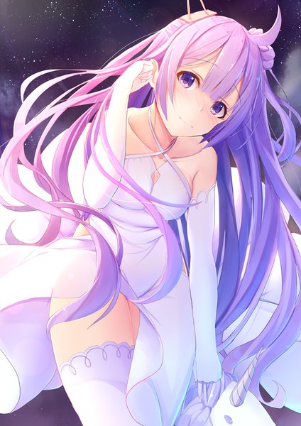 Anime picture 1500x2121 with azur lane unicorn (azur lane) if (asita) single long hair tall image blush fringe breasts light erotic hair between eyes standing purple eyes bare shoulders purple hair ahoge arm up night leaning leaning forward