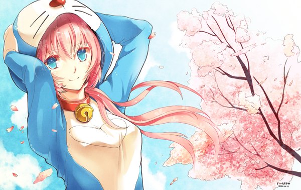 Anime picture 1900x1200 with doraemon vocaloid megurine luka funkid long hair looking at viewer blush fringe highres blue eyes smile pink hair sky cloud (clouds) wind sunlight cherry blossoms arms behind head doraemon (cosplay) girl