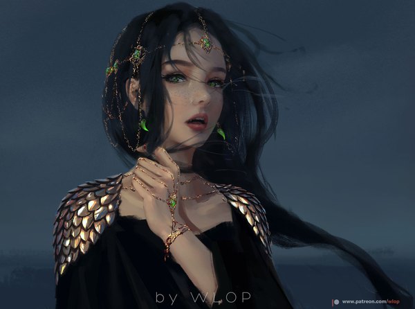 Anime picture 1735x1290 with ghost blade aeolian wlop single long hair looking at viewer highres open mouth black hair green eyes head tilt wind lips watermark adjusting hair eyeshadow freckles girl hair ornament earrings