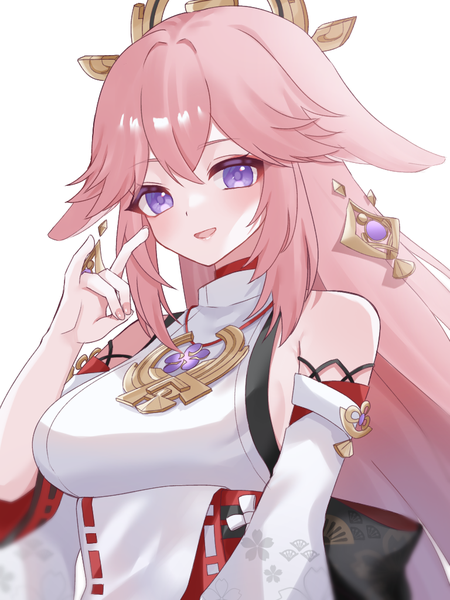 Anime-Bild 768x1024 mit genshin impact yae miko kino (curry pan) single long hair tall image looking at viewer fringe open mouth simple background hair between eyes white background purple eyes animal ears pink hair upper body nail polish traditional clothes :d japanese clothes
