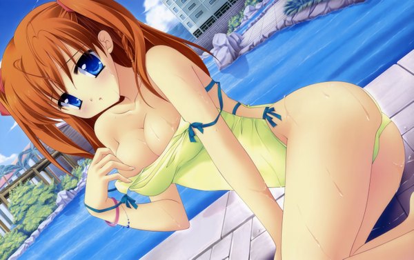 Anime picture 6003x3781 with honey coming kamijou asahi matsushita makako long hair blush highres breasts blue eyes light erotic brown hair twintails absurdres orange hair wet girl swimsuit water