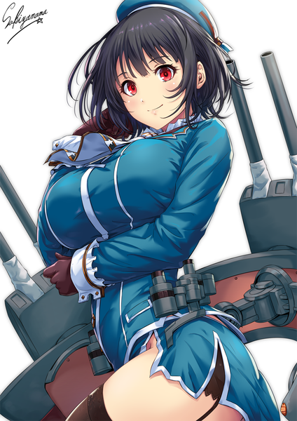 Anime picture 800x1131 with kantai collection takao heavy cruiser sakiyamama single tall image looking at viewer blush fringe short hair breasts light erotic black hair simple background smile red eyes large breasts standing white background signed payot