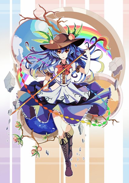 Anime picture 750x1060 with touhou hinanawi tenshi nakaichi (ridil) single long hair tall image looking at viewer fringe red eyes blue hair puffy sleeves walking girl bow weapon hat sword knee boots fruit rainbow