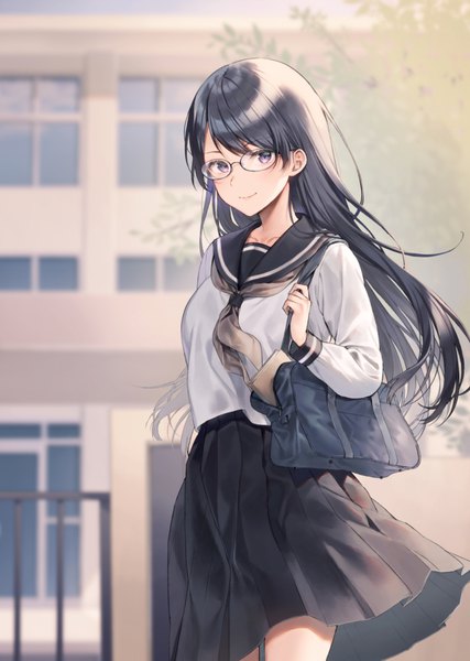 Anime picture 712x1000 with original midorikawa you single long hair tall image looking at viewer fringe black hair smile standing purple eyes outdoors long sleeves pleated skirt blurry depth of field girl skirt uniform glasses