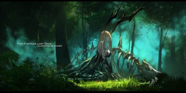 Anime picture 2126x1063 with original pixiv fantasia pixiv fantasia last saga swd3e2 single long hair highres breasts light erotic blonde hair wide image sitting bare shoulders signed yellow eyes looking away cleavage full body outdoors horn (horns)