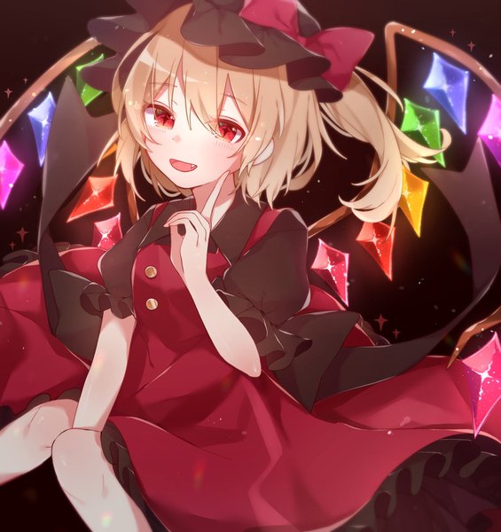 Anime picture 1600x1700 with touhou flandre scarlet yurui tuhu single tall image looking at viewer blush fringe short hair open mouth hair between eyes red eyes :d fang (fangs) puffy sleeves one side up symbol-shaped pupils + + girl dress