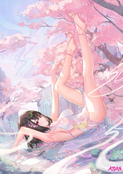 Anime picture 1131x1600 with original atdan single tall image looking at viewer blush fringe short hair breasts light erotic black hair red eyes signed sky full body bent knee (knees) outdoors lying parted lips arm up