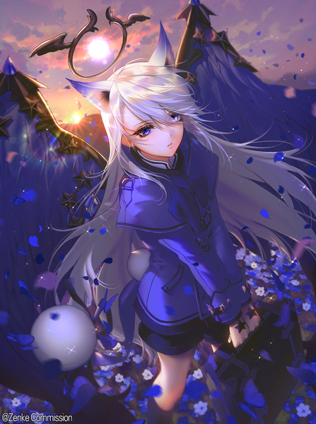 Anime picture 960x1288 with mabinogi zenke single long hair tall image looking at viewer blush fringe open mouth blue eyes hair between eyes standing holding signed animal ears sky silver hair cloud (clouds) long sleeves wind