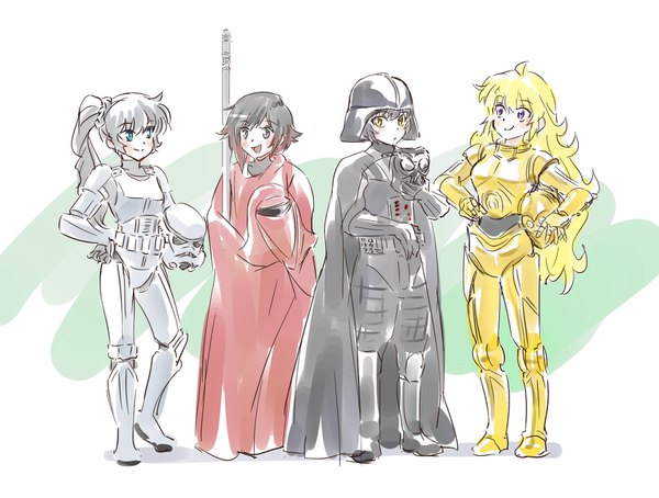 Anime picture 1688x1280 with rwby star wars rooster teeth ruby rose weiss schnee blake belladonna yang xiao long darth vader stormtrooper c-3po iesupa long hair looking at viewer short hair open mouth blue eyes black hair blonde hair smile standing