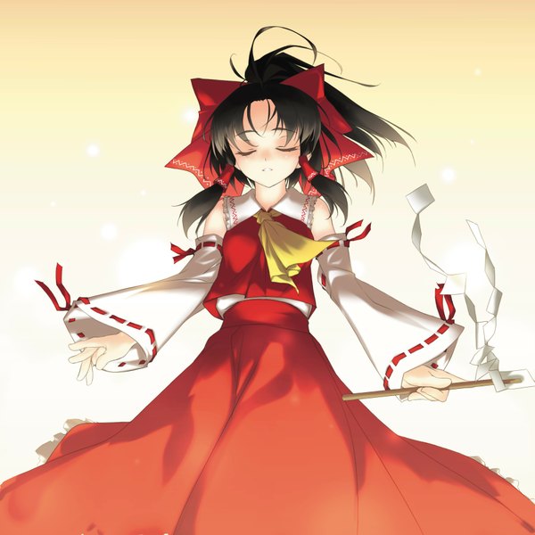 Anime picture 1791x1791 with touhou hakurei reimu rokuwata tomoe single long hair highres black hair simple background ponytail eyes closed gradient background miko girl skirt ribbon (ribbons) bow hair bow detached sleeves skirt set hair tubes